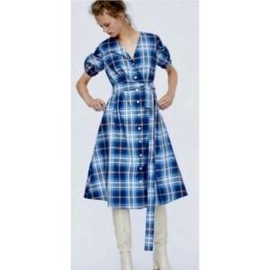 ZARA Blue Plaid Taffeta Dress Belted Tie Waist Midi Buttondown Preppy Small